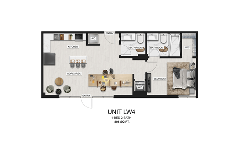 Floor plan for 1 bed, 1.5 baths, 805 sqft